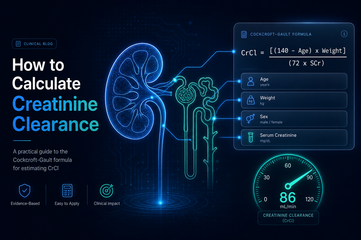 Diagram illustrating how to calculate creatinine clearance: a glowing kidney and nephron connected to age, weight, sex and serum creatinine inputs feeding the Cockcroft-Gault formula and a result gauge in mL/min